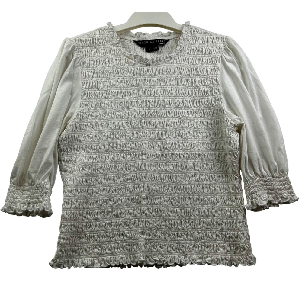 Veronica Beard Jeans Top Womens Medium Langston Smocked Puff Sleeve‎ Ruffle Trim